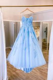 Promfast Blue Tulle Long Backless A Line Prom Dress Evening Dress HZ0527