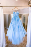 Promfast Blue Tulle Long Backless A Line Prom Dress Evening Dress HZ0527