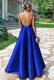 Promfast A Line Simple Spaghetti Straps Royal Blue Floor Length Satin Prom Dress HZ0527