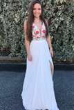 Promfast 2025 New Beauty Flowy White Embroidery V Neck Prom Dresses for Party HZ0527
