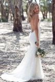 Promfast Sexy Spaghetti Straps Mermaid Lace Ivory Wedding Dresses V Neck Beach Wedding HZ0527