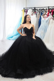 Promfast Sweetheart Neck Black Tulle Long Prom Dresses,Back Open Long Formal Evening Dresses HZ0527