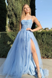 Promfast A Line Tulle Spaghetti Straps Apppliques Split Gorgeous Light Blue Prom Dresses HZ0527