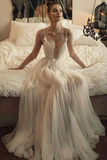 Promfast Beaded Tulle Skirt Spaghetti Straps Long Wedding Gown Beach A line Illusion Women Bridal Dress HZ0527