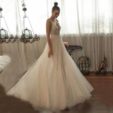 Promfast Beaded Tulle Skirt Spaghetti Straps Long Wedding Gown Beach A line Illusion Women Bridal Dress HZ0527