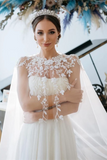 Promfast Chic A line Ivory Tulle Applique Court Train Rustic Wedding Dress HZ0527