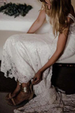 Promfast Simple Ivory Lace Country Wedding Dresses V Neck Mermaid Wedding Dress HZ0527