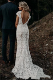 Promfast Ivory Lace Mermaid Cap Sleeves Long Wedding Dresses, Bridal Dresses HZ0527