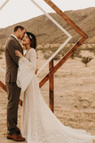 Promfast Wonderful Long sleeves Illusion V neck Lace Wedding Dresses A Line Backless Bridal Gowns HZ0527