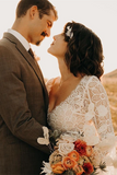 Promfast Wonderful Long sleeves Illusion V neck Lace Wedding Dresses A Line Backless Bridal Gowns HZ0527