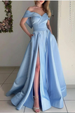 Promfast Stunning Sky Baby Blue off the Shoulder Pocket A Line Satin Prom Long Graduation Party Dress HZ0527