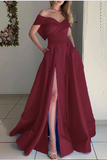 Promfast Stunning Sky Baby Blue off the Shoulder Pocket A Line Satin Prom Long Graduation Party Dress HZ0527