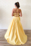 Promfast Yellow Sleeveless Split Long Prom Dresses, Sweep Train Evening Dress HZ0527
