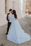 Promfast Elegant Spaghetti Straps Off The Shoulder Long Sleeves Tiered Tulle Sweep Train Prom Dresses HZ0527