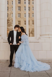 Promfast Elegant Spaghetti Straps Off The Shoulder Long Sleeves Tiered Tulle Sweep Train Prom Dresses HZ0527