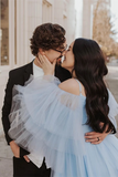 Promfast Elegant Spaghetti Straps Off The Shoulder Long Sleeves Tiered Tulle Sweep Train Prom Dresses HZ0527