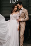 Promfast Elegant Chiffon A line Lace Wedding Dresses with Long Sleeves Gowns HZ0527