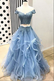 Promfast Blue Tulle Off Shoulder Two Piece Prom Dresses Lace Formal Dresses HZ0527