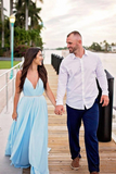Promfast Thigh Split Sky Blue Rustic Wedding Dresses Beach Wedding Gown with Court Train HZ0527