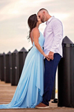 Promfast Thigh Split Sky Blue Rustic Wedding Dresses Beach Wedding Gown with Court Train HZ0527