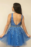 Promfast A line V neck Blue Short Prom Dress Homecoming Dress With Appliques HZ0527