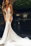 Promfast Luxurious Ivory Tulle Lace Mermaid Deep V Neck Wedding Dresses HZ0527