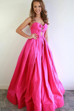 Promfast A Line Strapless Hot Pink Satin Long Prom Dresses With Bowknot, Formal Evening Dresses HZ0527