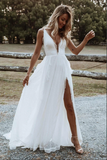 Promfast Boho Chiffon A line V neck Lace Spaghetti Straps Beach Wedding Dresses HZ0527
