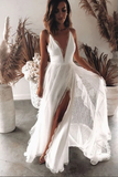 Promfast Boho Chiffon A line V neck Lace Spaghetti Straps Beach Wedding Dresses HZ0527