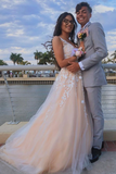 Promfast A Line V Neck Pink Lace Long Prom Dress with Belt, Pink Lace Formal Dress, Pink Evening Dress HZ0527