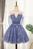 Promfast Flowy Cute A line Blue Homecoming Dresses Short Beading Prom Dress HZ0527