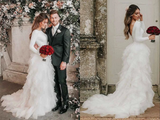 Promfast White A line Tulle Bateau Long Sleeves Court Train Wedding Dresses HZ0527
