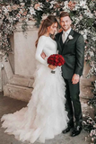 Promfast White A line Tulle Bateau Long Sleeves Court Train Wedding Dresses HZ0527