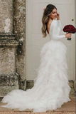 Promfast White A line Tulle Bateau Long Sleeves Court Train Wedding Dresses HZ0527