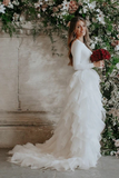 Promfast White A line Tulle Bateau Long Sleeves Court Train Wedding Dresses HZ0527