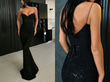 Promfast Sparkle Black Mermaid V neck Spaghetti Strapes Sequins Long Prom Dresses HZ0527