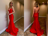 Promfast V Neck Mermaid Backless Red Long Prom Dress, Mermaid Red Formal Dress, Backless Red Evening Dress HZ0527