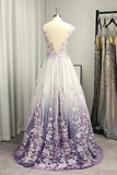 Promfast A Line Princess V neck Tulle Applique Sleeveless Floor Length V Back Prom Dresses HZ0527