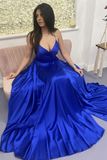Promfast A Line V Neck Backless Royal Blue Satin Long Prom Dress, Open Back Royal Blue Formal Graduation Evening Dress HZ0527