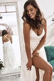 Promfast Elegant A Line V Neck Lace Ivory Beach Wedding Dresses with Slit, Bridal Gowns HZ0527