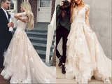 Promfast Gorgeous Lace A line V neck Long Sleeves Wedding Dresses with Train HZ0527