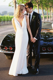 Promfast Elegant Sheath V Neck Off White Wedding Dresses, Simple Beach Wedding Gown HZ0527