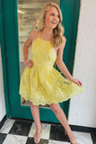 Promfast Backless Short Lace Appliques Prom Dresses,A Line Yellow Graduation Homecoming Dresses HZ0527