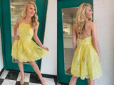 Promfast Backless Short Lace Appliques Prom Dresses,A Line Yellow Graduation Homecoming Dresses HZ0527