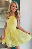 Promfast Backless Short Lace Appliques Prom Dresses,A Line Yellow Graduation Homecoming Dresses HZ0527