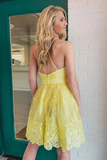 Promfast Backless Short Lace Appliques Prom Dresses,A Line Yellow Graduation Homecoming Dresses HZ0527
