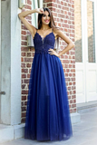 Promfast Exquisite Spaghetti Straps A line Prom Dresses Tulle Appliqued Gowns HZ0527