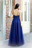 Promfast Exquisite Spaghetti Straps A line Prom Dresses Tulle Appliqued Gowns HZ0527
