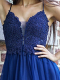Promfast Exquisite Spaghetti Straps A line Prom Dresses Tulle Appliqued Gowns HZ0527
