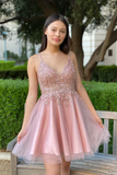 Promfast Pretty A Line Pink Beadeing Homecoming Dress, Short Spaghetti Straps Prom Dress HZ0527
